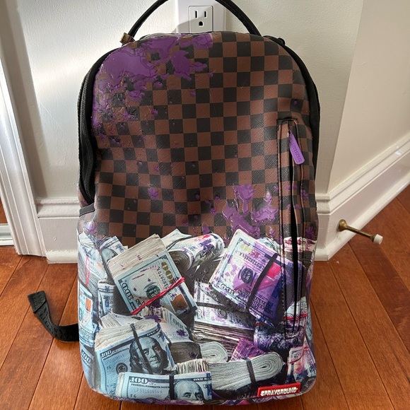 Sprayground Brown and Purple Money Print Backpack